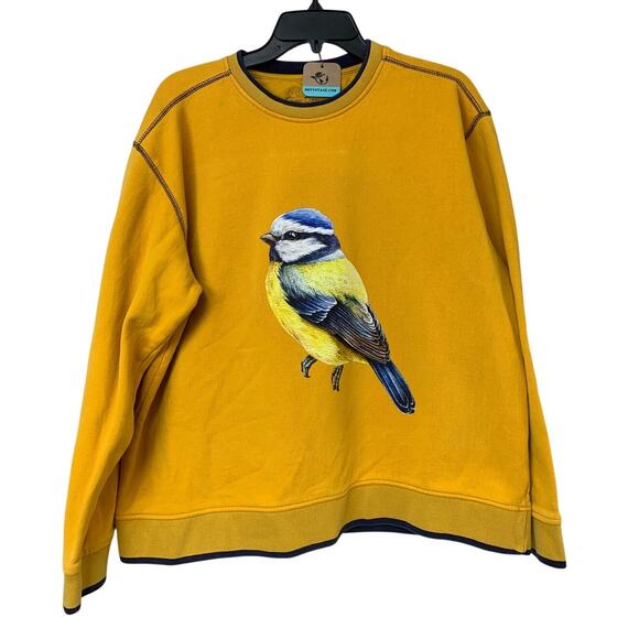 Game Day Tops - Upcycled Hand Printed Womens XL Yellow Blue Wild Bird Long Sleeve Sweatshirt